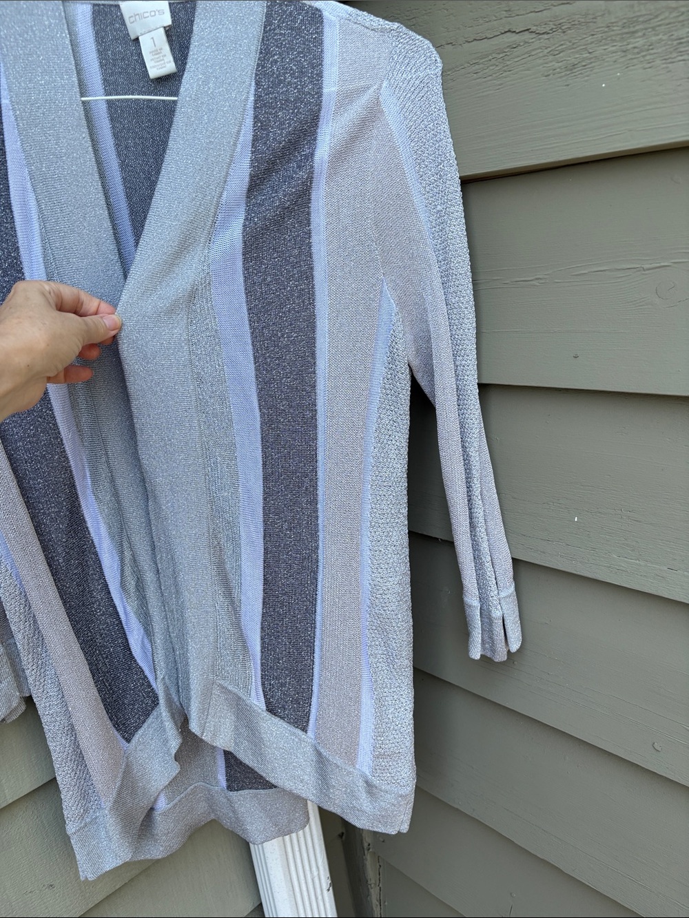 Chico's Sz 1 Silver and Gray Striped metallic thread Open-Front Cardigan.